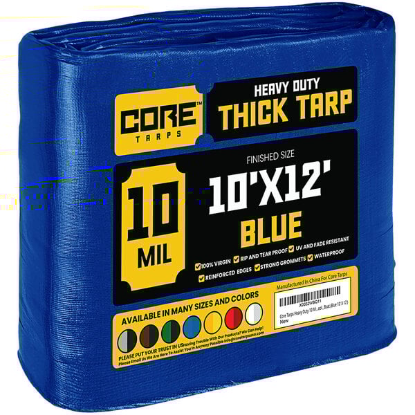 A blue Core heavy-duty weatherproof tarp with reinforced edges wrapped in plastic.