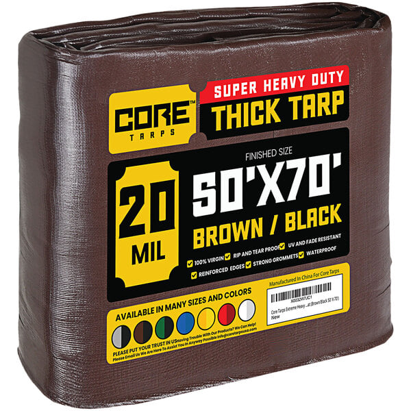 A brown Core heavy-duty poly tarp with reinforced edges.