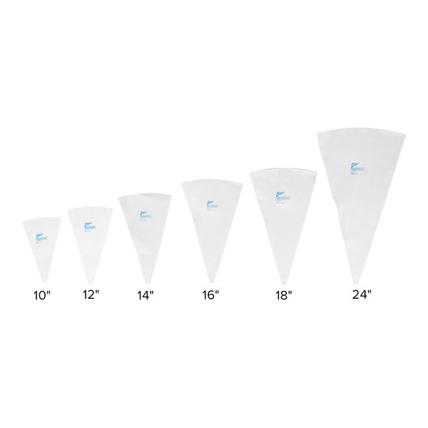 Six white, cone-shaped pastry bags of varying sizes are arranged in a row, each labeled with its respective length: 10", 12", 14", 16", 18", and 24".