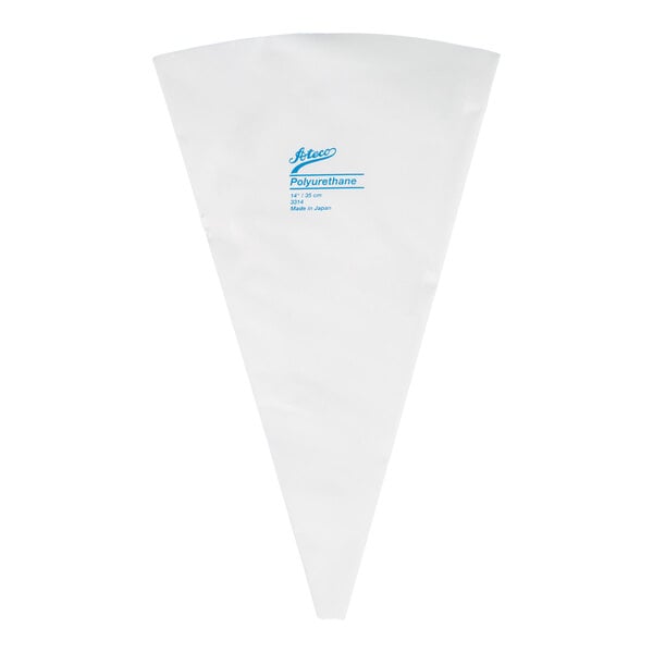 A white, triangular pastry bag with blue text printed near the top center.