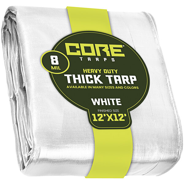 A white tarp with reinforced edges in a package with a green and yellow Core Tarps label.