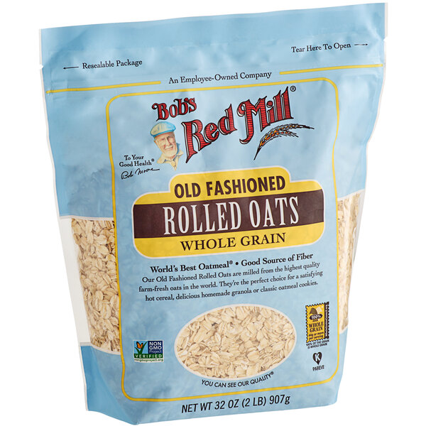 A bag of Bob's Red Mill whole grain rolled oats.