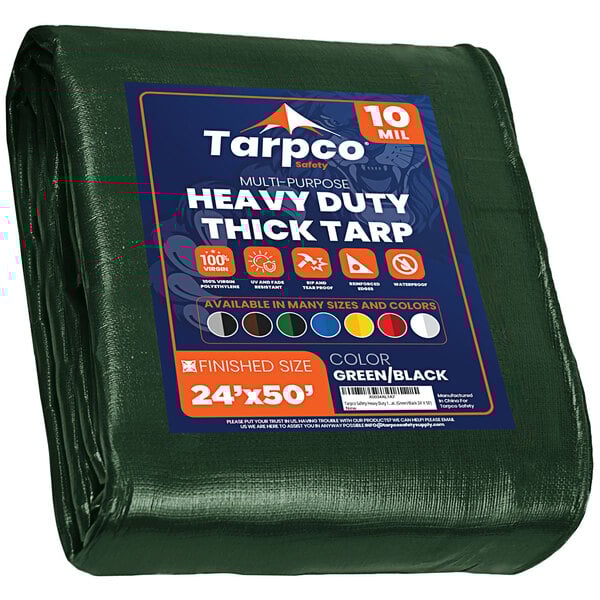 A green and black Tarpco heavy-duty poly tarp with reinforced edges.