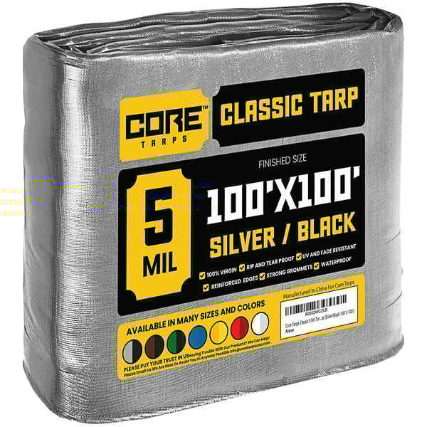 A close-up of a Core Classic Weatherproof Poly Tarp with black and silver sides.