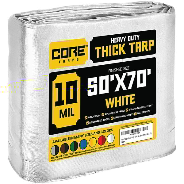 A large roll of white Core heavy-duty weatherproof poly tarp.