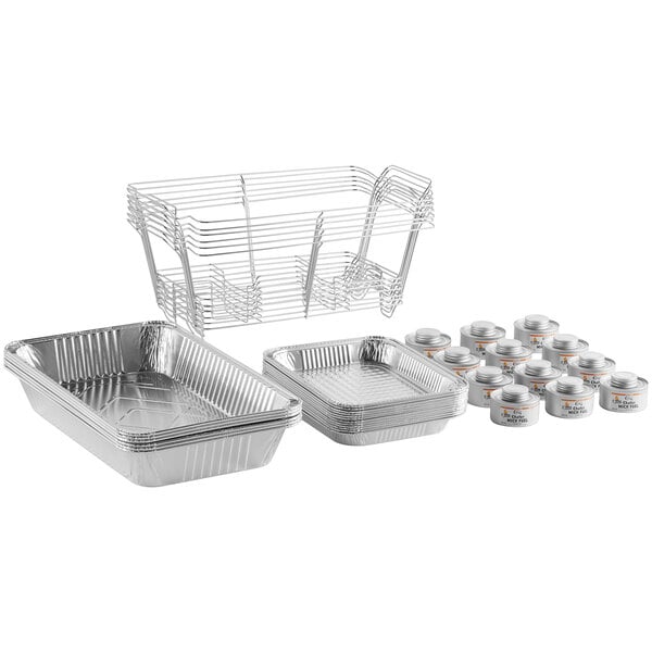 Choice 36 Piece 1/2 Size Disposable Serving / Chafer Dish Kit with (6) Wire  Stands, (6) Deep Pans, (6) Standard Pans, (6) 4 Hour Wick Fuels, and (12)  Utensils