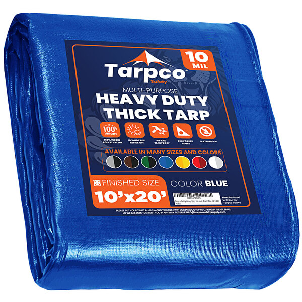 A blue Tarpco heavy-duty poly tarp with reinforced edges and white text.