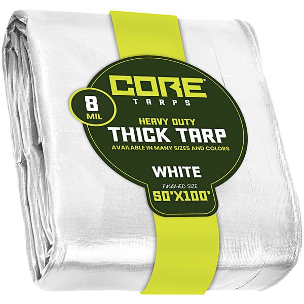 A white Core Heavy-Duty Weatherproof Poly Tarp package with reinforced edges.