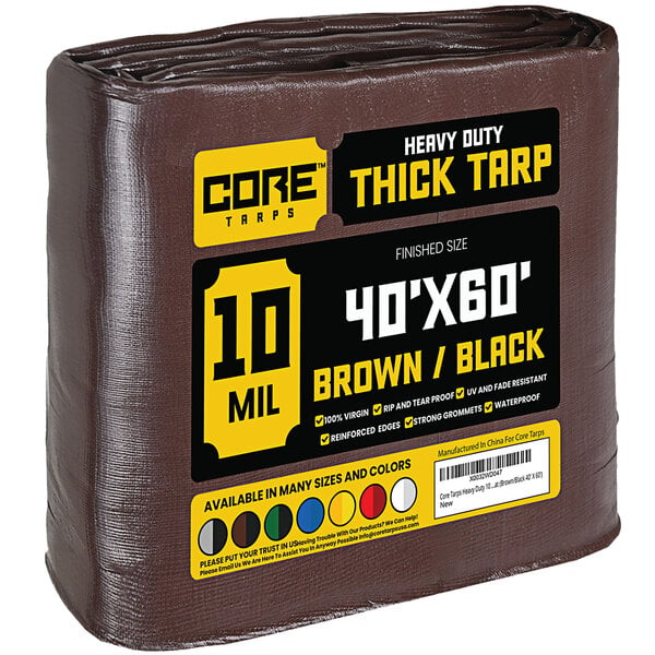 A brown plastic-wrapped Core 40' x 60' heavy-duty weatherproof tarp.