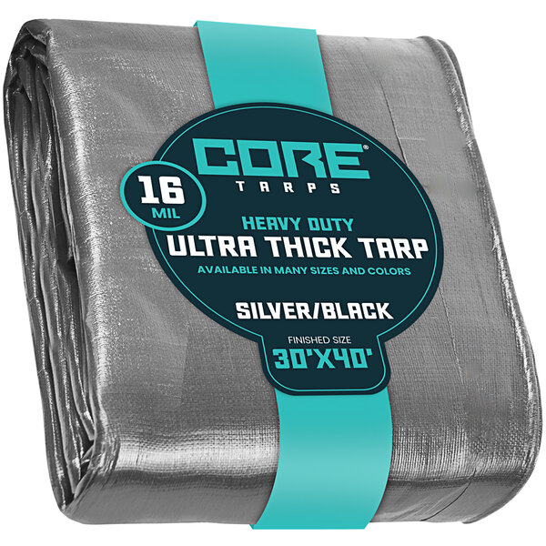 A close up of a Core silver and black extra heavy-duty poly tarp with reinforced edges.