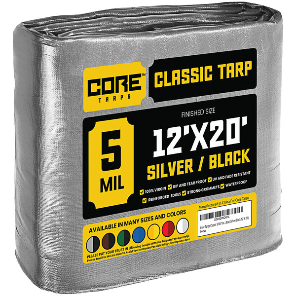 A roll of black and silver Core Classic Weatherproof tarps.