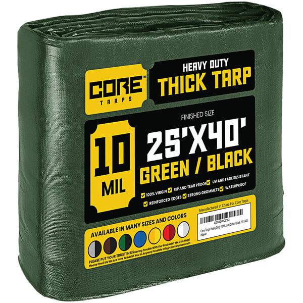 A green and black Core 25' x 40' poly tarp wrapped in plastic.