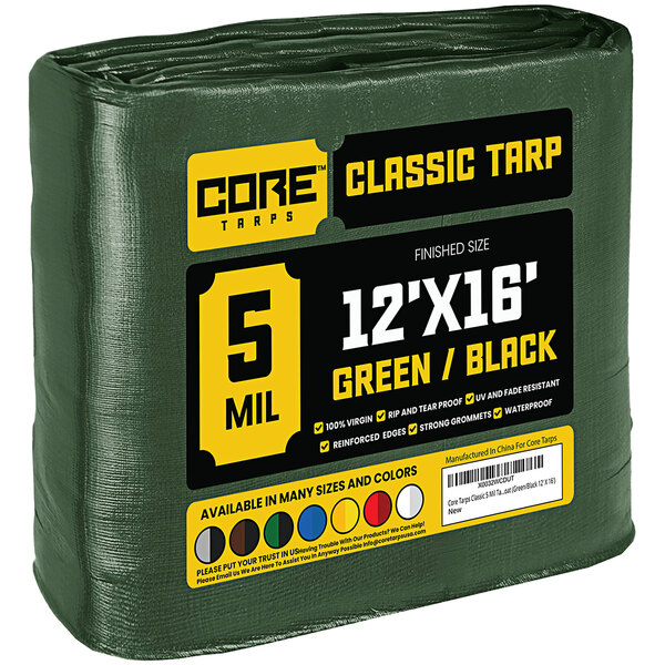 A green and black Core Weatherproof 5 Mil Poly Tarp with reinforced edges.