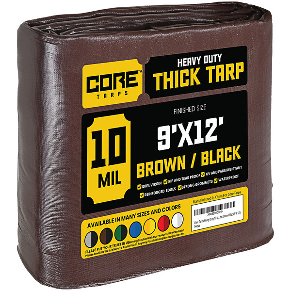 A brown Core 9' x 12' heavy-duty poly tarp with yellow and black labels.