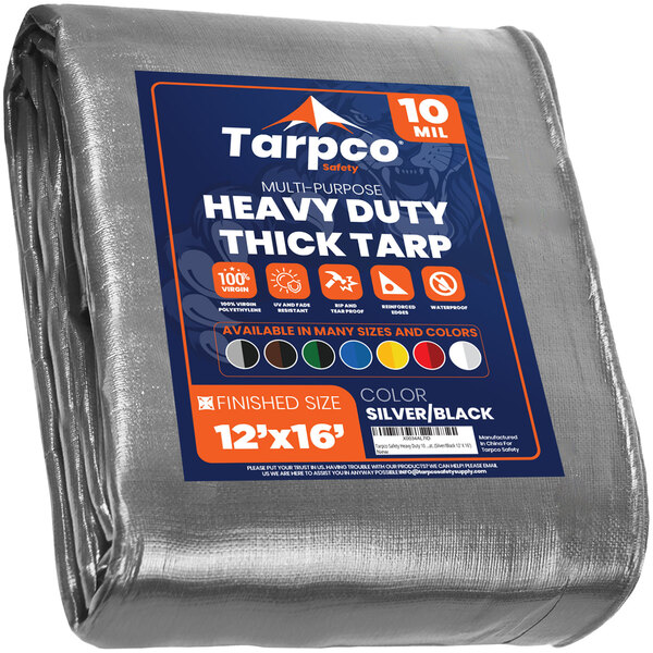 A Tarpco heavy-duty weatherproof tarp with reinforced edges in packaging.