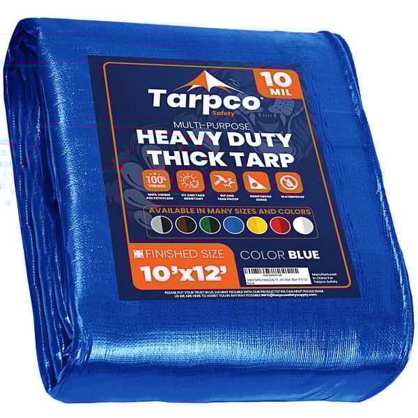 A blue Tarpco heavy-duty weatherproof poly tarp with white text.