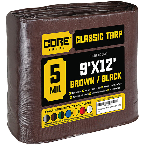 A brown tarp wrapped in plastic with black and brown text reading "Classic Weatherproof" and "Reinforced Edges"