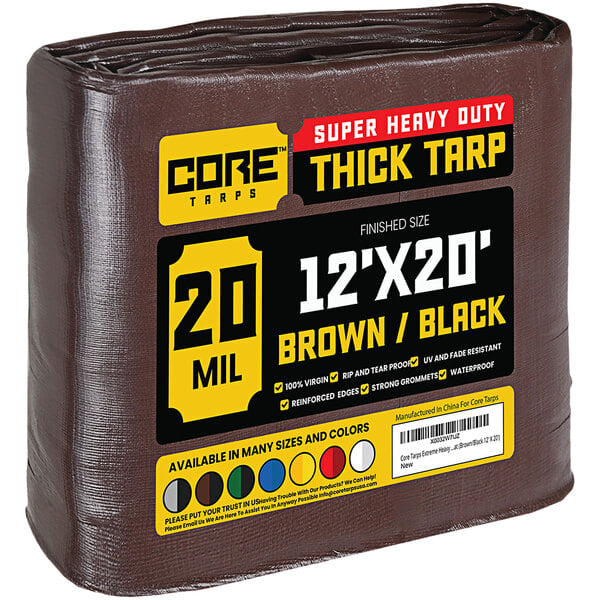 A brown Core Heavy-Duty 20 Mil Poly Tarp with reinforced edges.