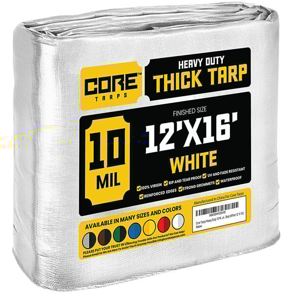 A white Core Heavy-Duty Weatherproof tarp wrapped in plastic.