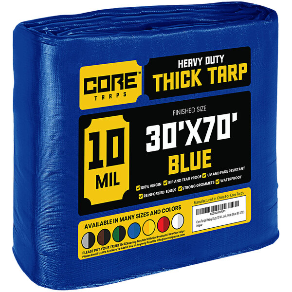 A blue Core 30' x 70' poly tarp with reinforced edges in plastic packaging.