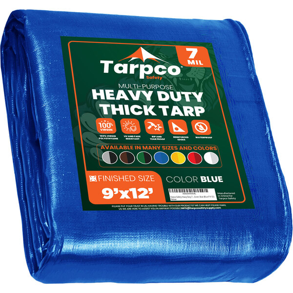 A blue Tarpco heavy-duty weatherproof tarp with reinforced edges.