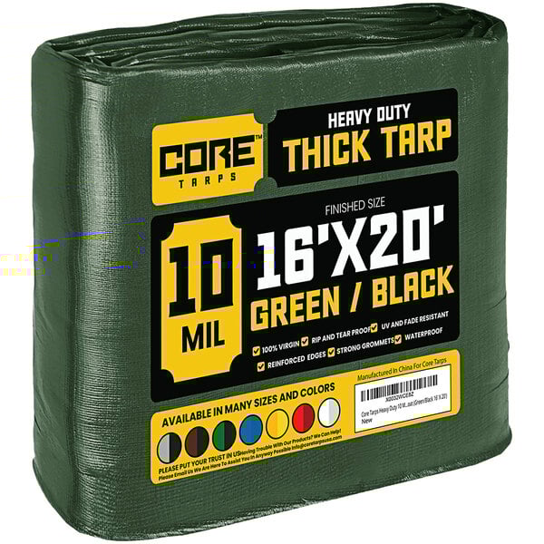 A green and black Core 10 mil thick poly tarp with reinforced edges wrapped in plastic.