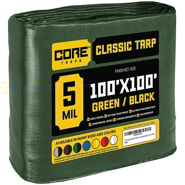 A green tarp with reinforced edges in clear plastic packaging.