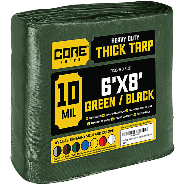 A green Core Heavy-Duty Weatherproof Tarp with reinforced edges.