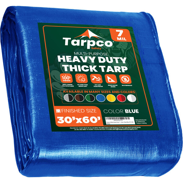 A blue Tarpco heavy-duty tarp with reinforced edges and a green label.