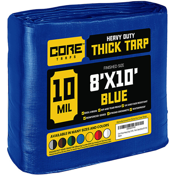 A blue Core 8' x 10' heavy-duty poly tarp with reinforced edges.