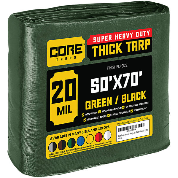 A green and black Core heavy-duty weatherproof tarp in plastic packaging.