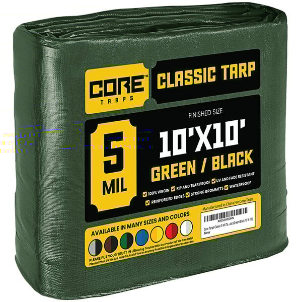 A green and black Core Classic Weatherproof tarp wrapped in plastic.