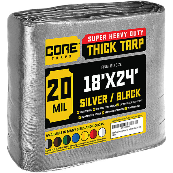 A large roll of Core silver and black 20x24 thick poly tarp with reinforced edges.