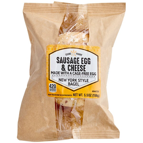 A close-up of a Grand Prairie Sausage, Egg, and Cheese Bagel Sandwich in a bag.
