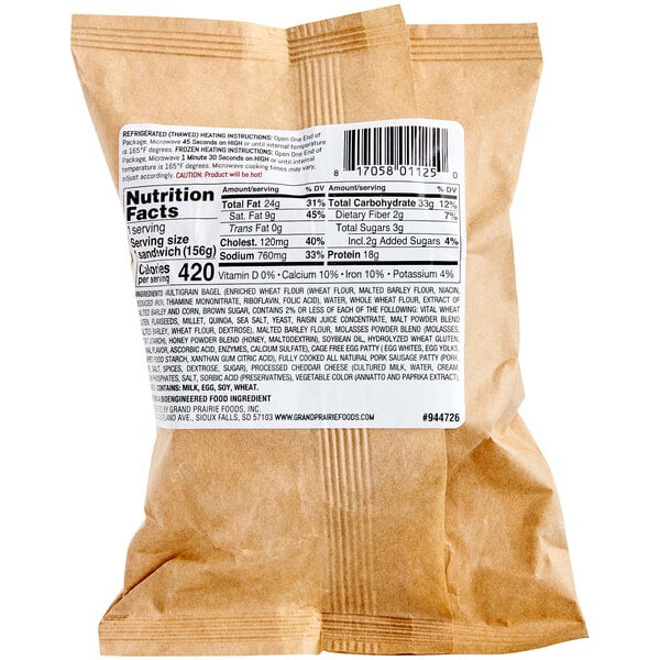 A brown bag with a white label that says "Grand Prairie Sausage, Egg, and Cheese Bagel Sandwich" containing food.