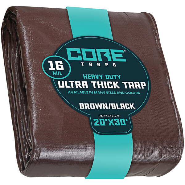 A brown Core Heavy-Duty weatherproof tarp with reinforced edges and a blue label.