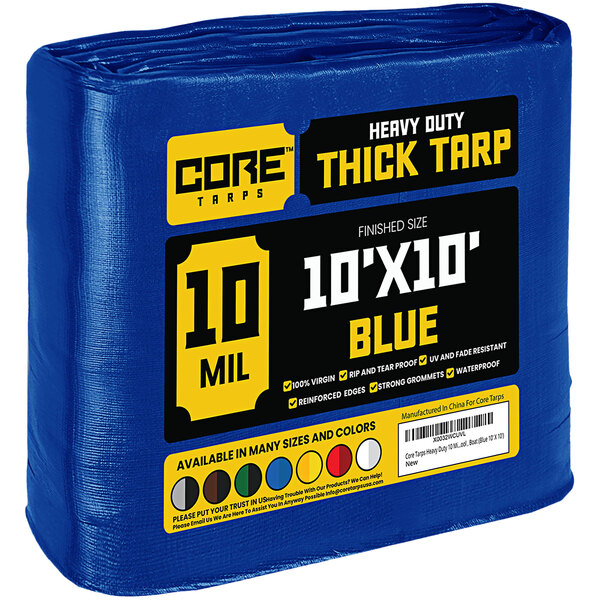 A blue Core 10' x 10' heavy-duty poly tarp with reinforced edges in plastic packaging.