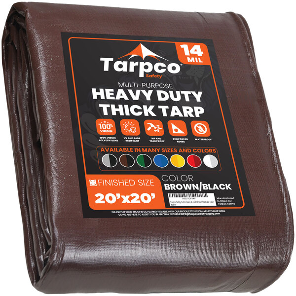 A brown Tarpco tarp with white text that says "Heavy Duty" and "Extra Heavy-Duty" with reinforced edges.
