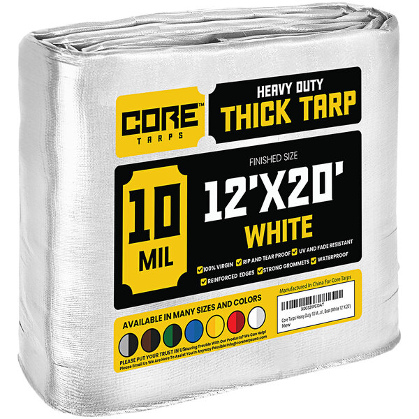 A white Core heavy-duty weatherproof tarp wrapped in plastic.