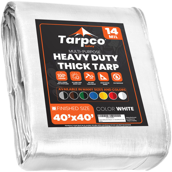 A white Tarpco poly tarp with black and orange labels.