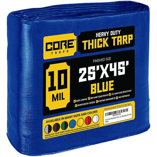 A blue Core 10 mil thick heavy-duty tarp with reinforced edges in plastic packaging.