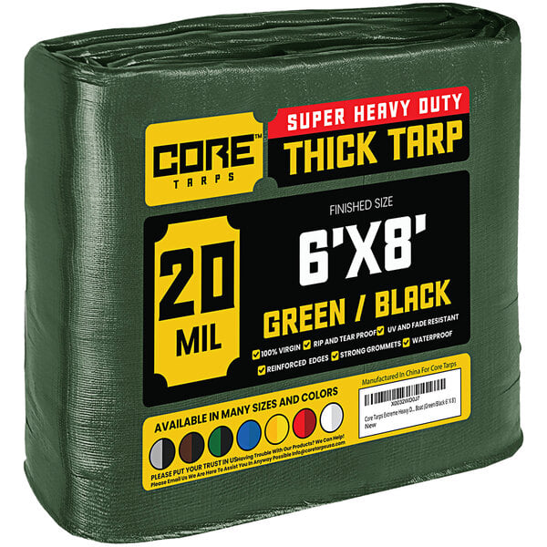 A green and black Core Heavy-Duty Weatherproof Poly Tarp with reinforced edges.