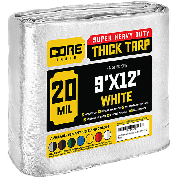 A white Core heavy-duty 20 mil poly tarp with reinforced edges.