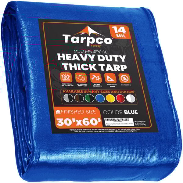 A blue Tarpco tarp with black and white text.