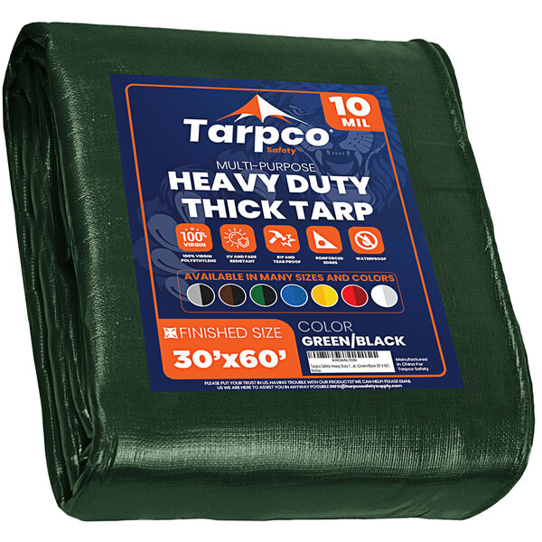 A green heavy-duty Tarpco poly tarp with reinforced edges.