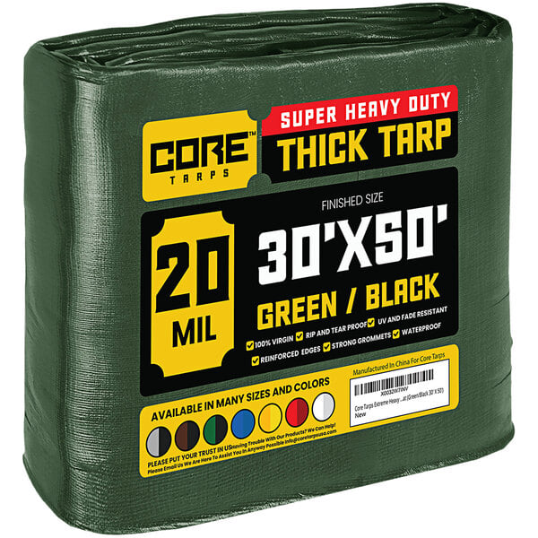 A green and black Core Heavy-Duty Weatherproof Poly Tarp with reinforced edges.