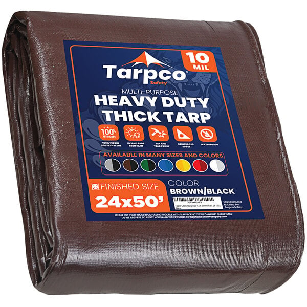 A brown Tarpco heavy-duty weatherproof poly tarp with reinforced edges.