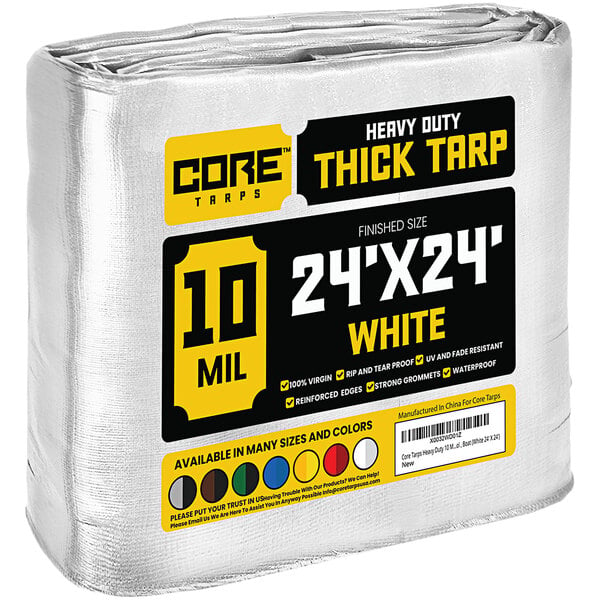 A large roll of white Core Heavy-Duty Poly Tarp.