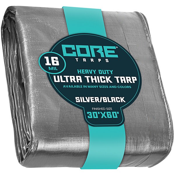 A close up of a Core silver and black heavy-duty poly tarp with reinforced edges.