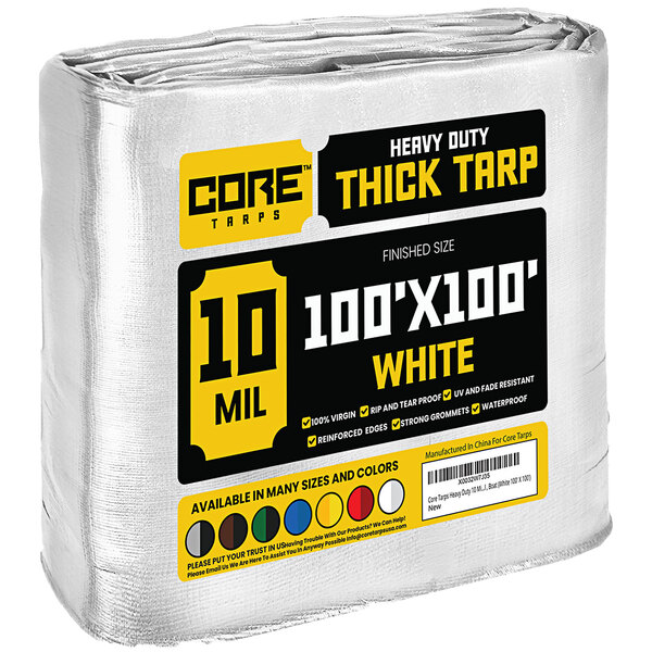 A white Core Heavy-Duty Weatherproof Tarp with reinforced edges wrapped in plastic.